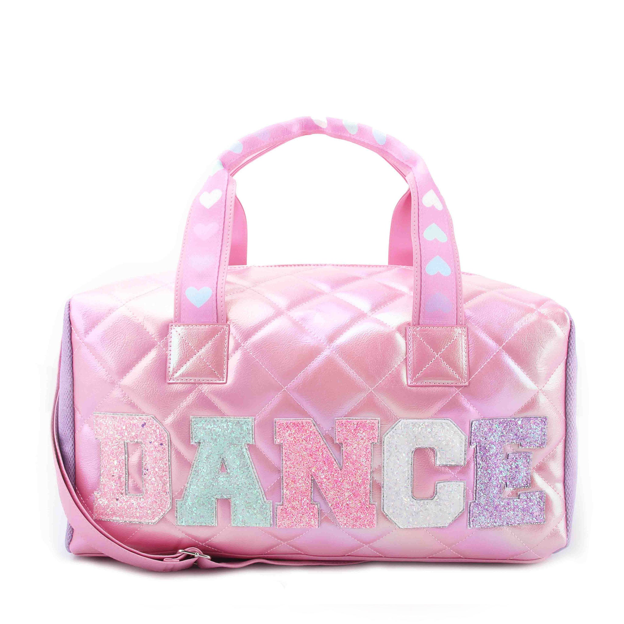 Pink quilted dance duffle bag with 'DANCE' in glitter varsity letters