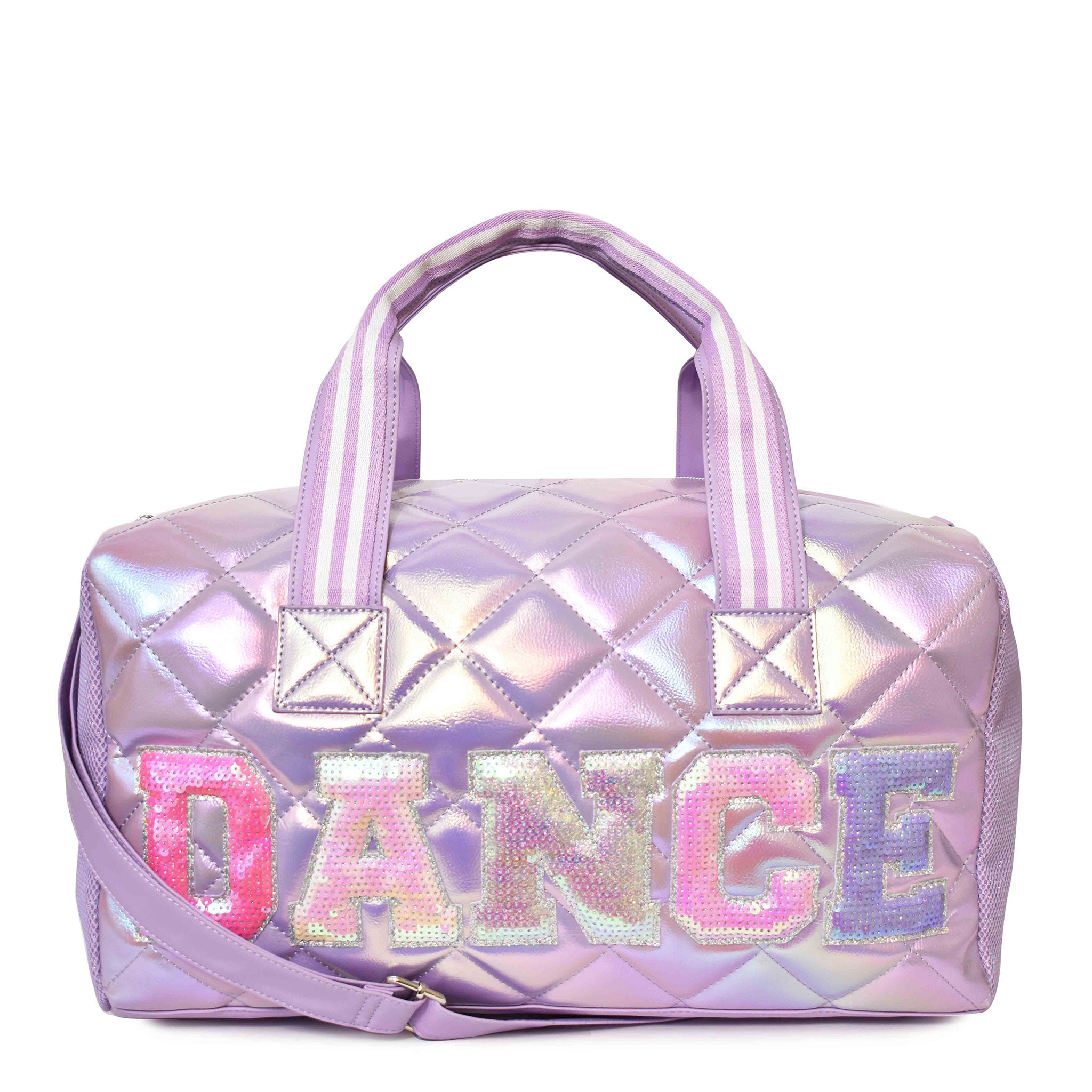 Front view of quilted metallic large lavender 'Dance' duffle with sequin varsity-letter patches