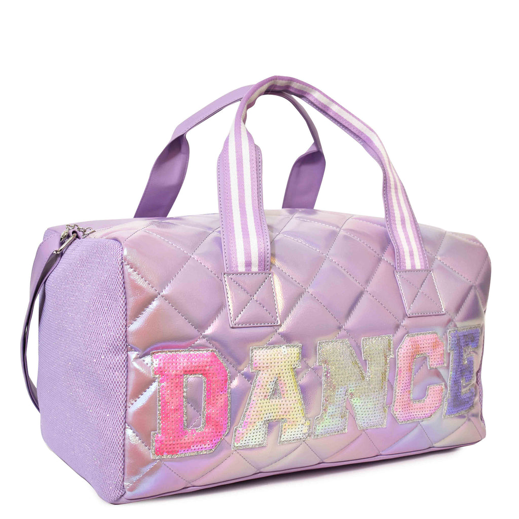 Side view of quilted metallic large lavender 'Dance' duffle with sequin varsity-letter patches