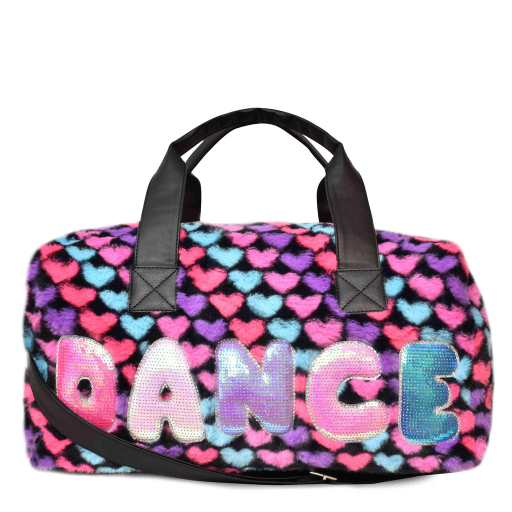 Front view of large plush multicolor heart-printed 'Dance' duffle with sequin bubble-letter patches