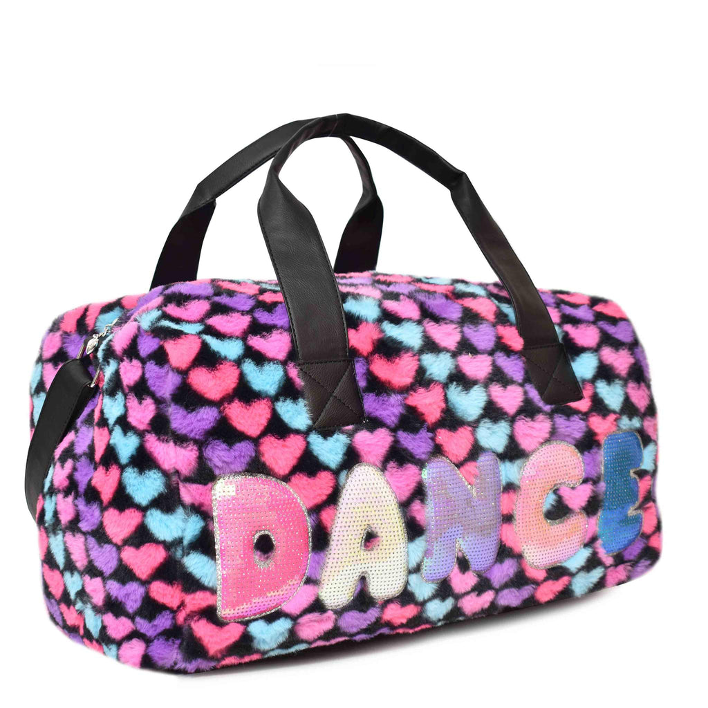 Side view of large plush multicolor heart-printed 'Dance' duffle with sequin bubble-letter patches
