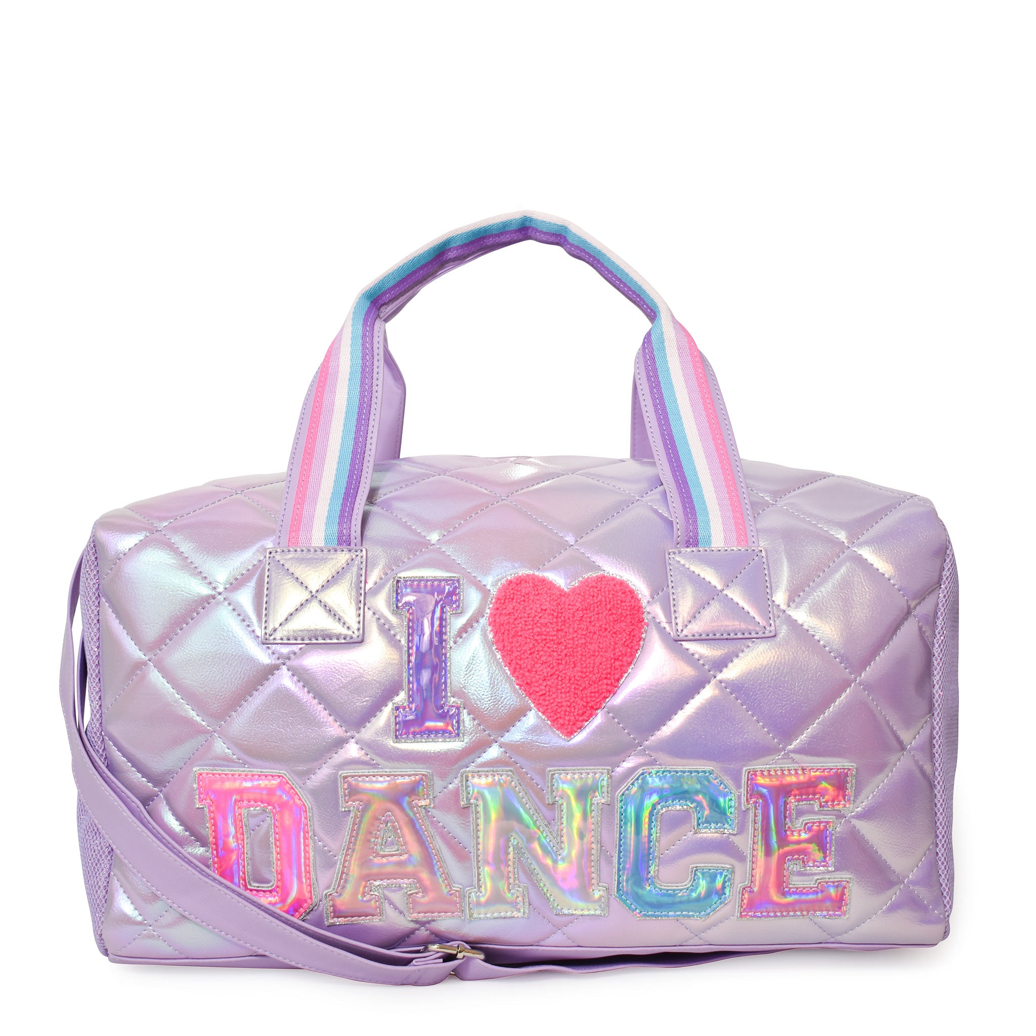 Front view of quilted metallic lavender large 'I Love Dance' duffle with reflective varsity-letter patches