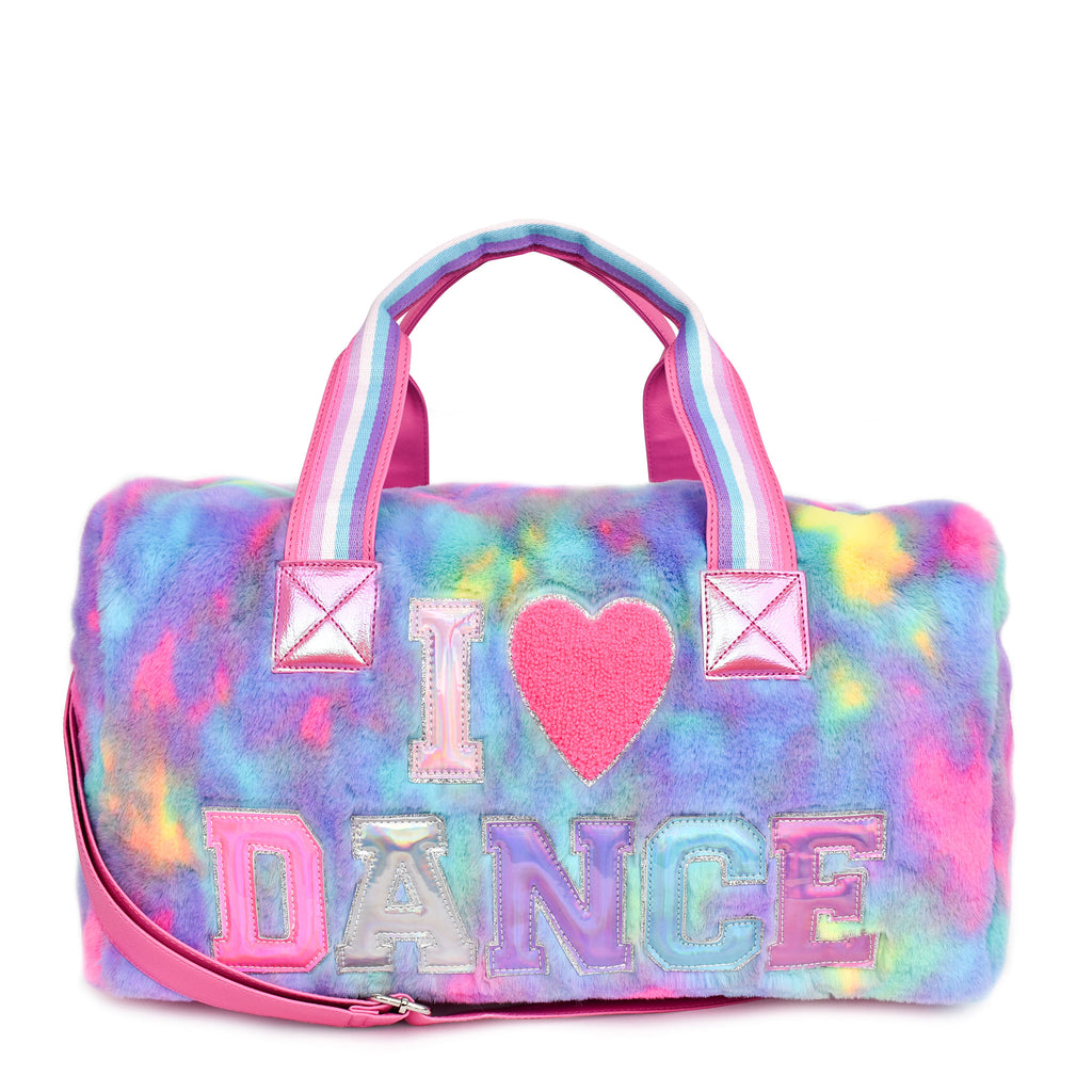 Front View of a Tie Dye Plush Duffle Bag with Metallic I love Dance Letters