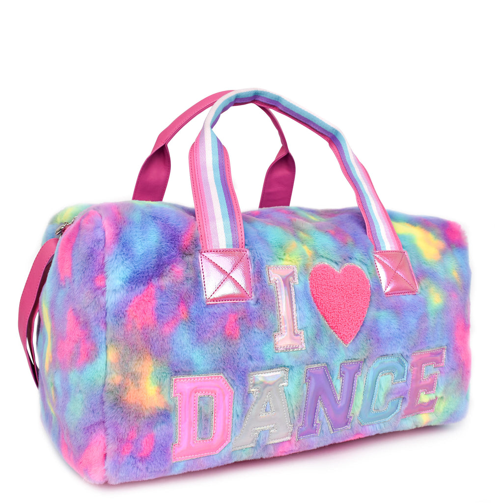 Side View of a Tie Dye Plush Duffle Bag with Metallic I love Dance Letters