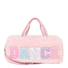 Front view of a pink sherpa large duffle bag with glitter varsity lettering 