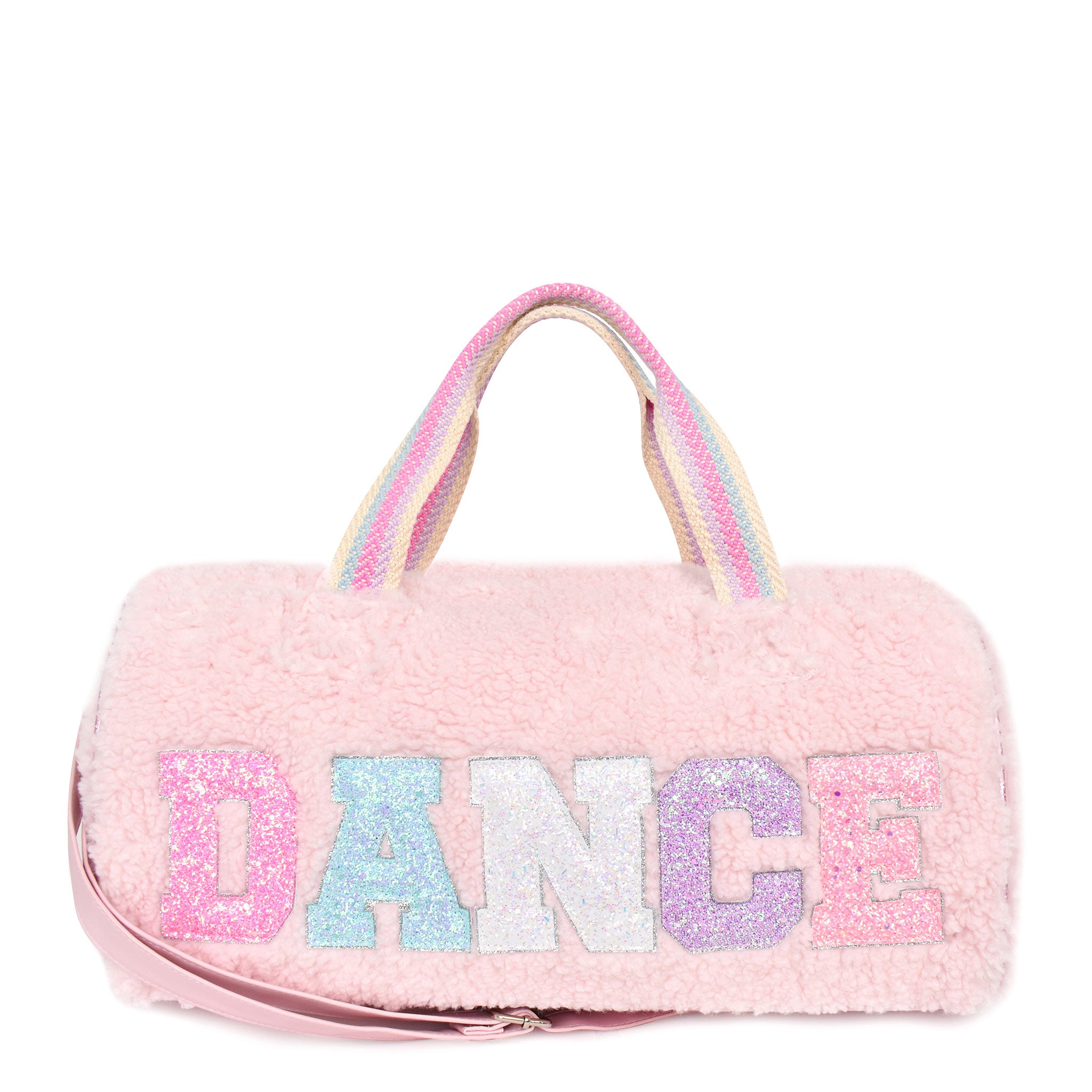 Front view of a pink sherpa large duffle bag with glitter varsity lettering 