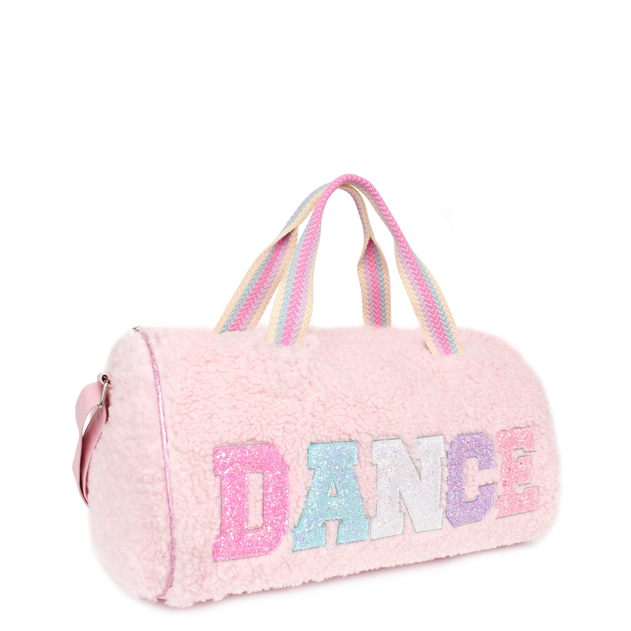 Side view of a pink sherpa large duffle bag with glitter varsity lettering 
