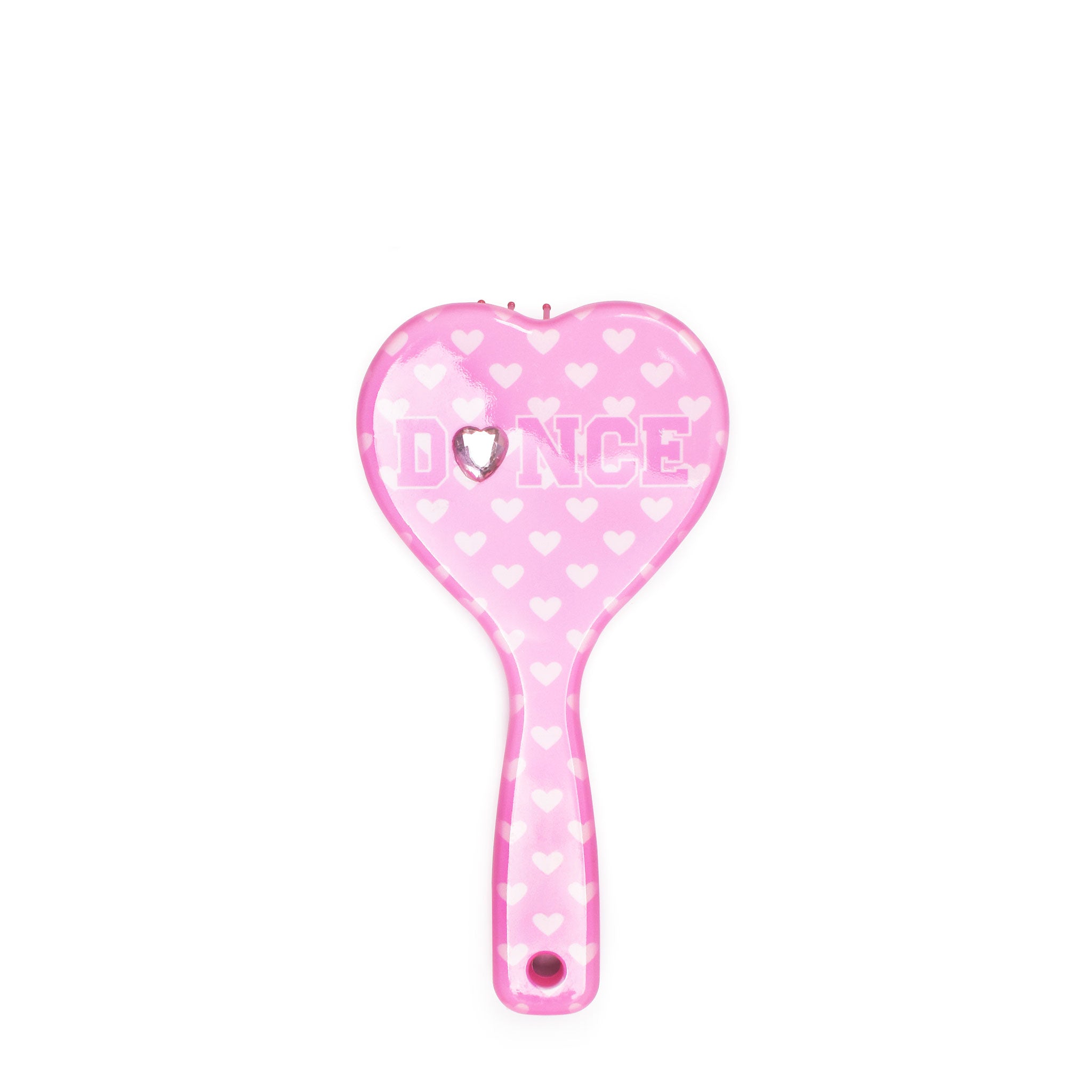 Front view of a heart printed & heart-shaped hairbrush with varsity letters 'dance' 