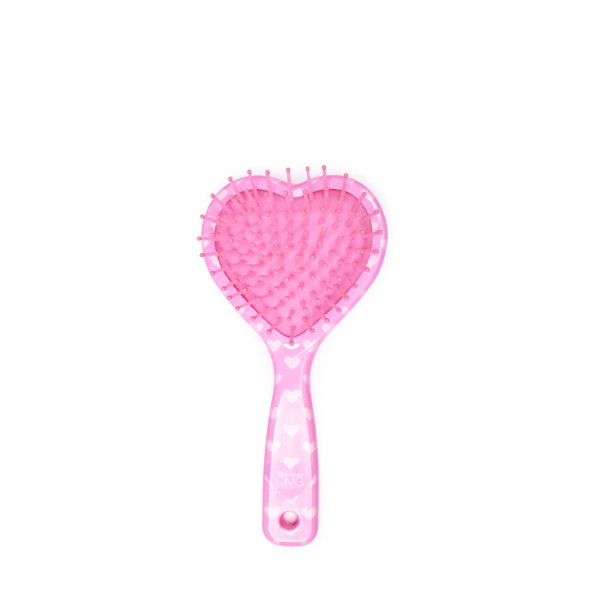 back view of a heart printed & heart-shaped hairbrush with varsity letters 'dance' 