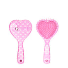 front and back view of a heart printed & heart-shaped hairbrush with varsity letters 'dance' 