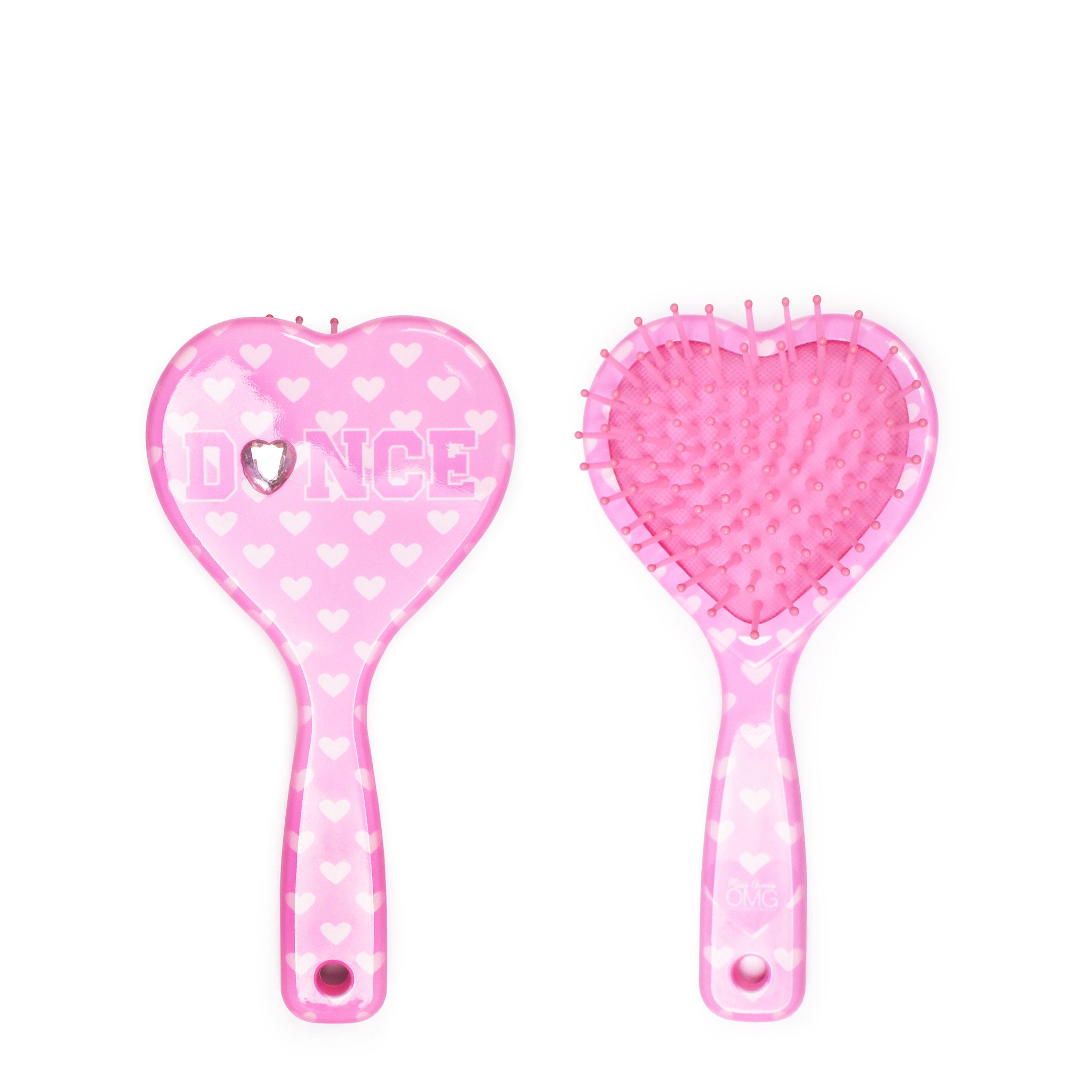 front and back view of a heart printed & heart-shaped hairbrush with varsity letters 'dance' 