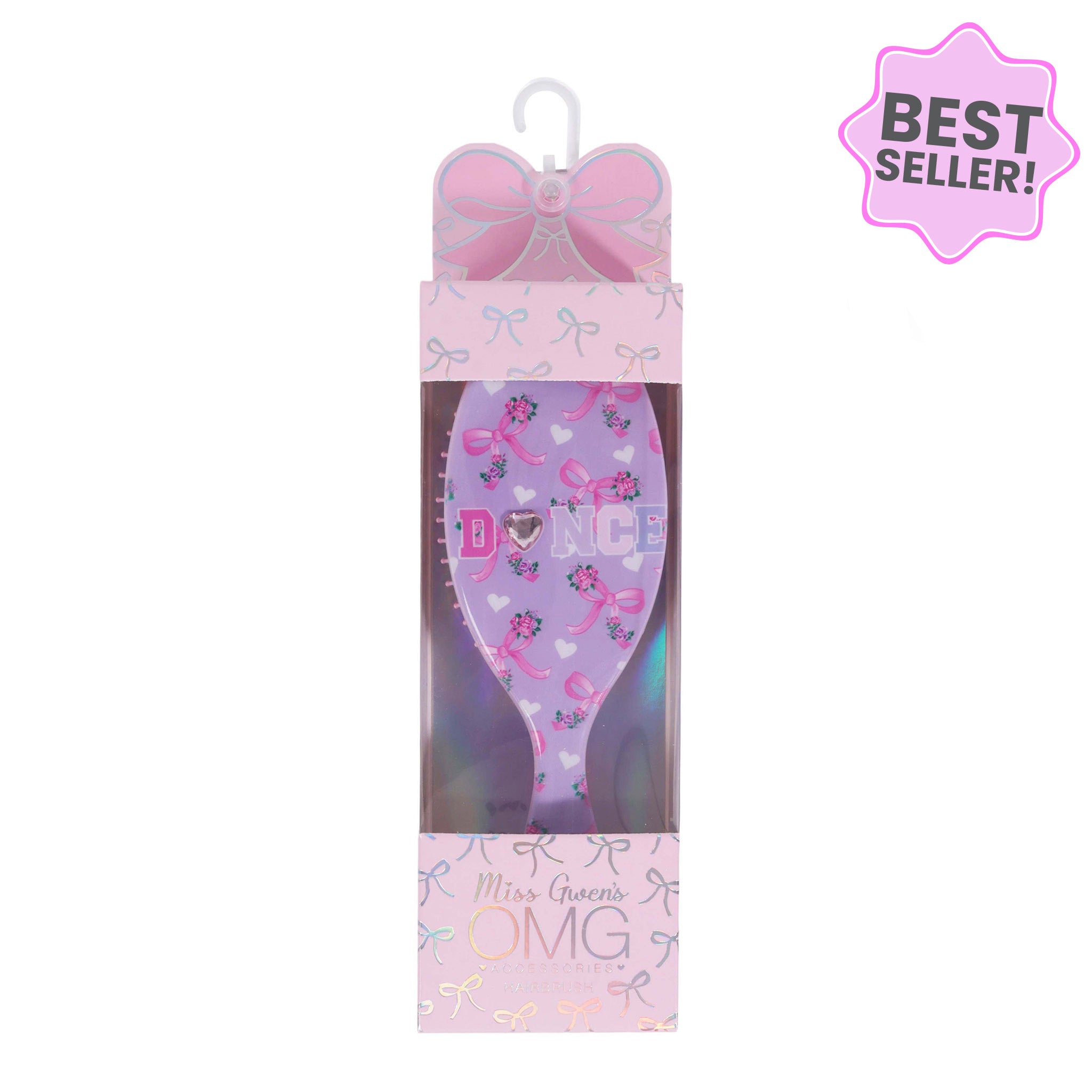 Lavender floral bow print hair brush with Dance varsity letters