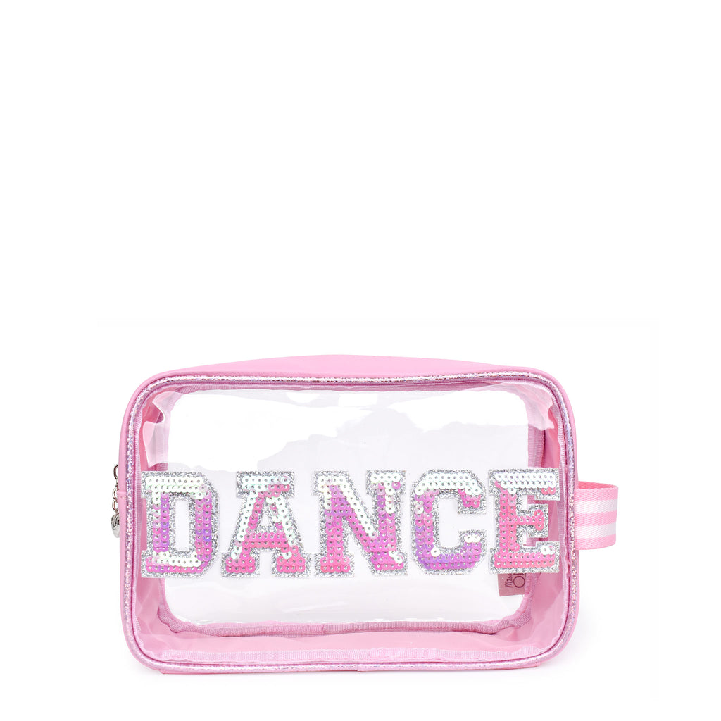 Front view of a pink clear pouch with pink sequin varsity letters 'DANCE'