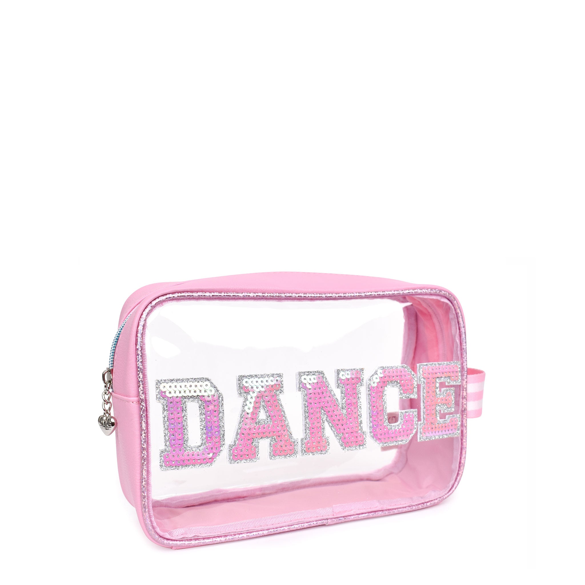 Side view of a pink clear pouch with pink sequin varsity letters 'DANCE'