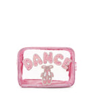 Front view of a clear pouch with with glitter bubble letters 'DANCE' with a ballet slippers patch