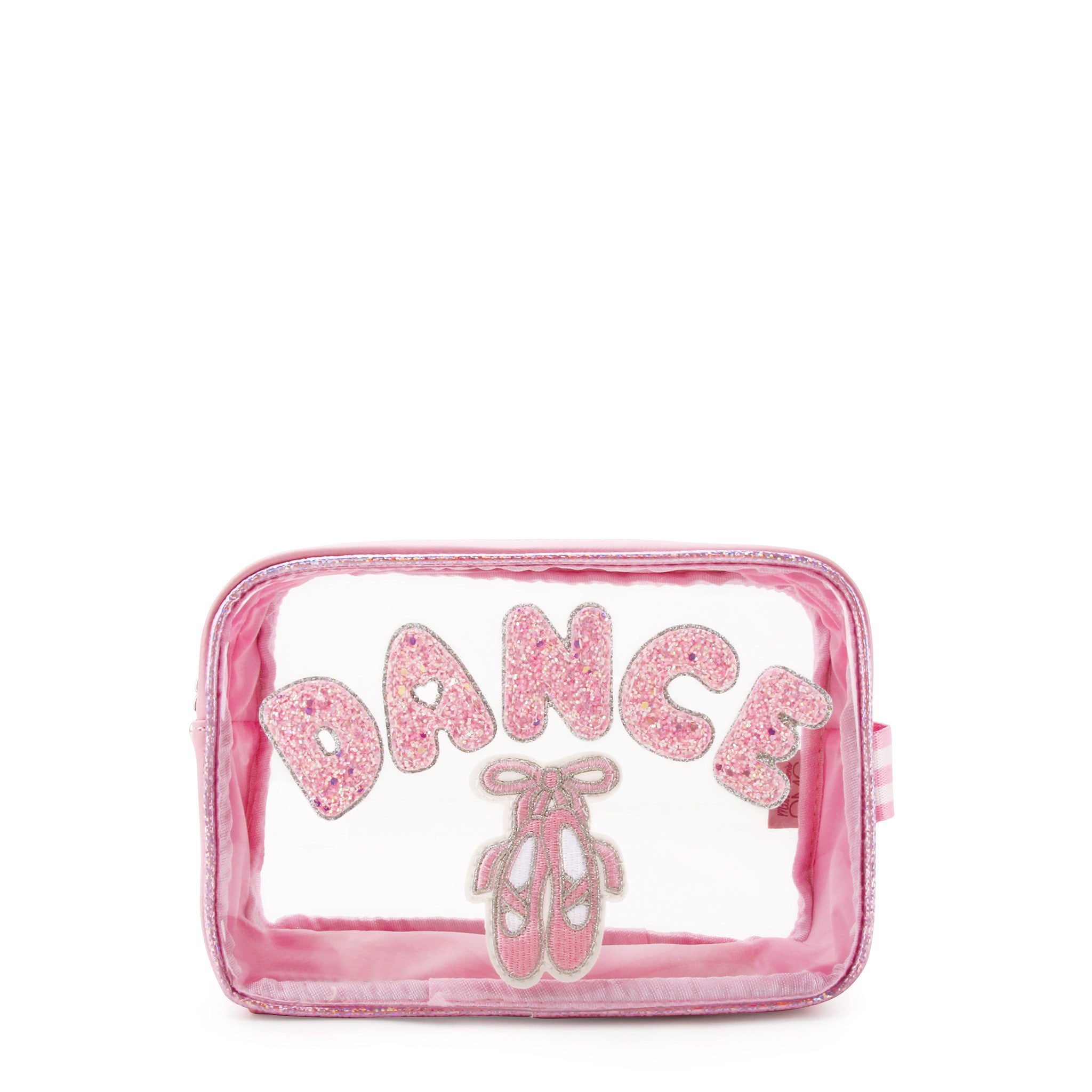 Front view of a clear pouch with with glitter bubble letters 'DANCE' with a ballet slippers patch