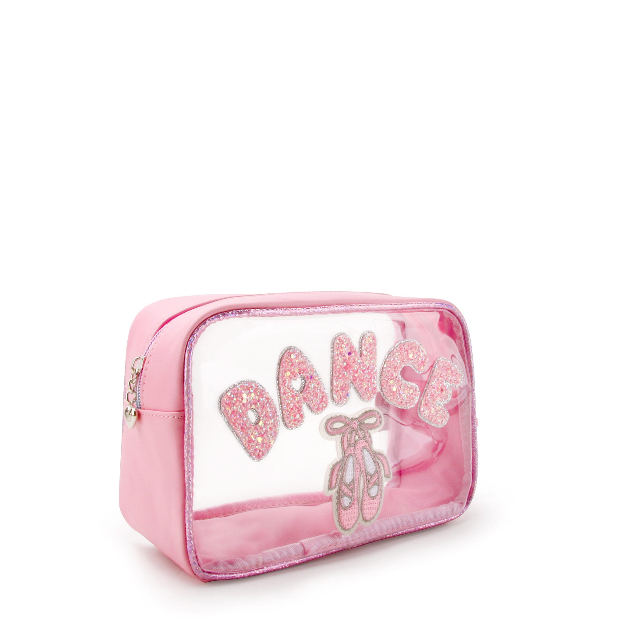 Side view of a clear pouch with with glitter bubble letters 'DANCE' with a ballet slippers patch