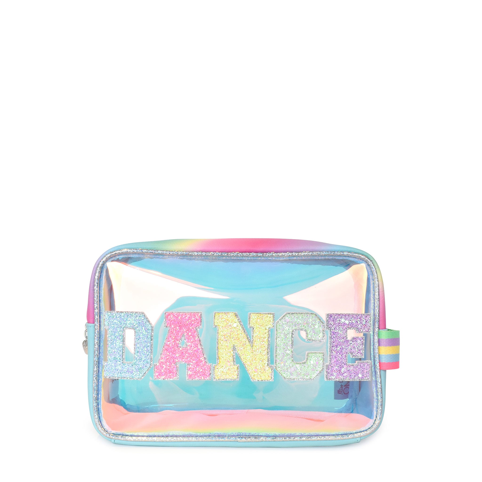 Front view of a blue glazed pouch with glitter varsity lettering 'DANCE'