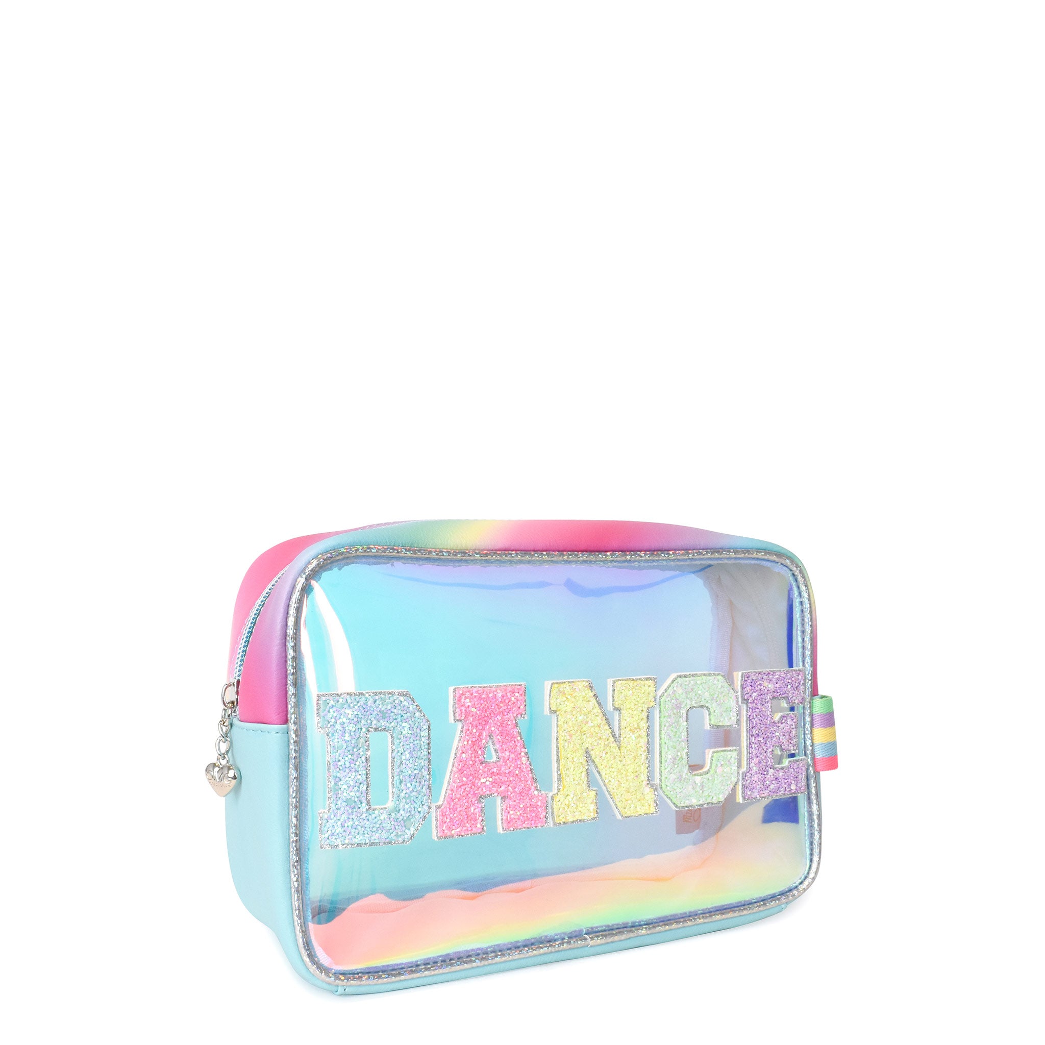 Side view of a blue glazed pouch with glitter varsity lettering 'DANCE'