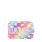 Front view of a rainbow plush heart-printed pouch with glitter varsity lettering 'dance'