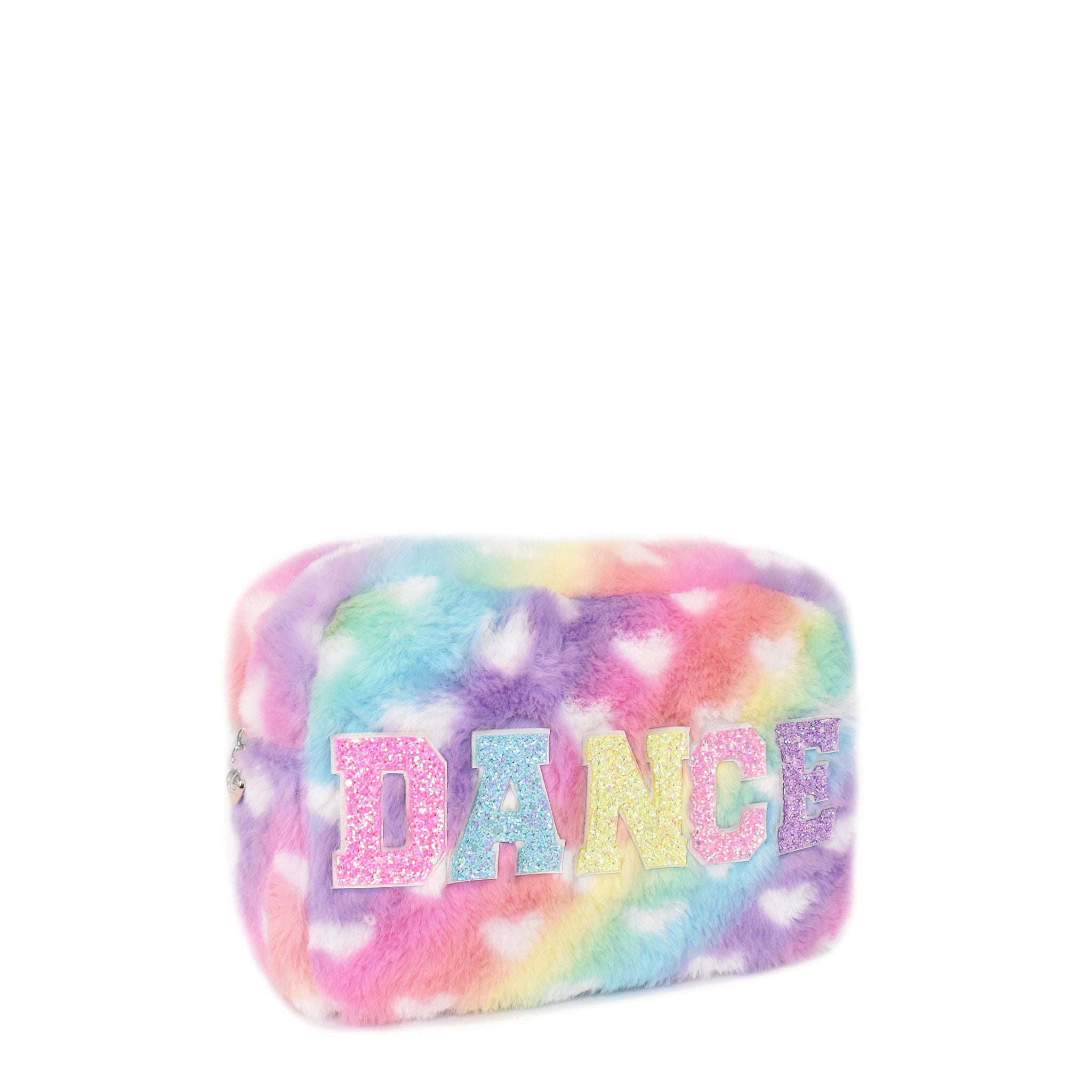 Side view of a rainbow plush heart-printed pouch with glitter varsity lettering 'dance'