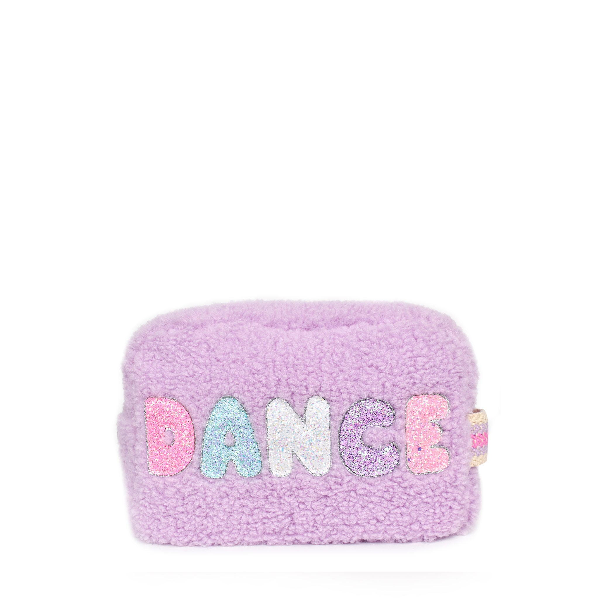 front view of a purple sherpa pouch with bubble lettering 'dance' appliqué 