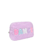 side view of a purple sherpa pouch with bubble lettering 'dance' appliqué 
