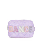 front view of lavender dance lettering pouch with rose print
