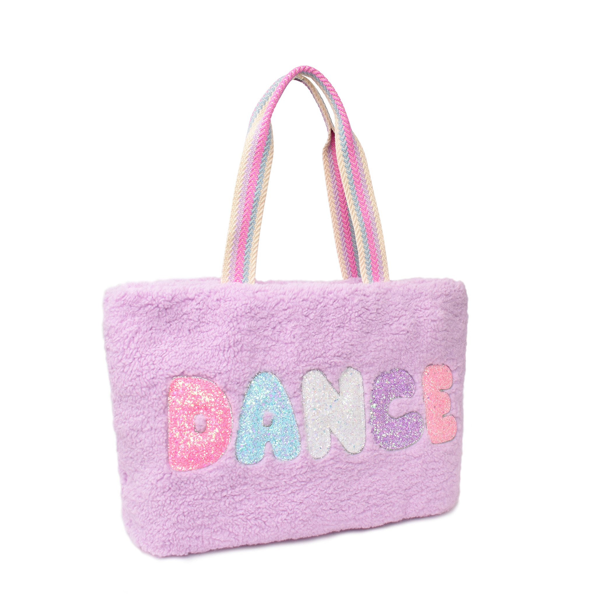 Side view of a purple sherpa large tote bag with glitter bubble letters 'DANCE ' applique