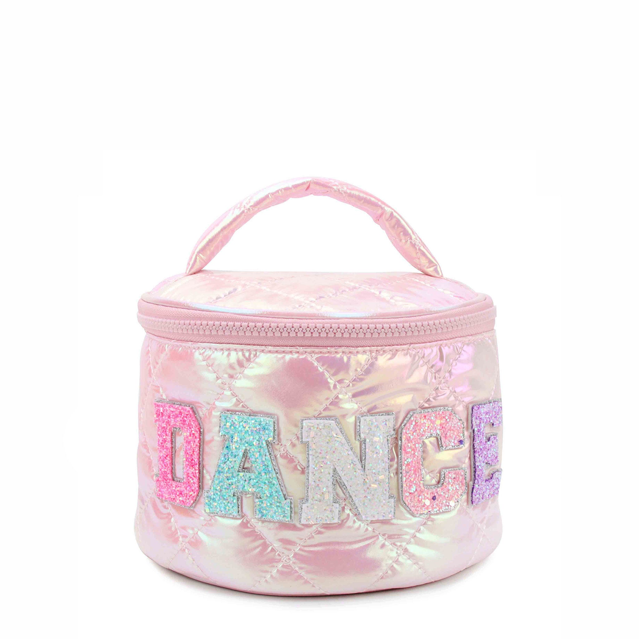 Pink metallic"DANCE' quilted round train case with glitter letters 