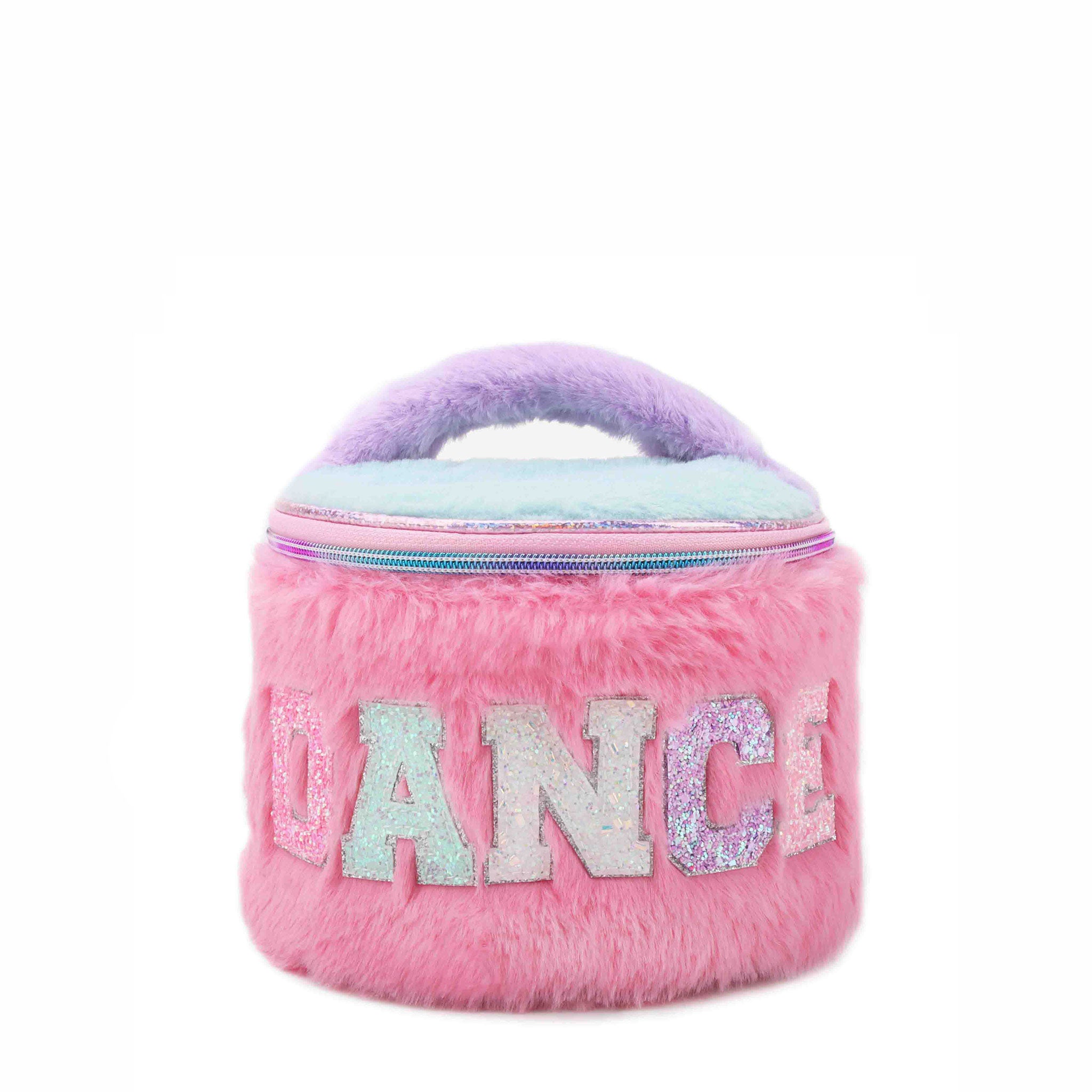 Colorblocked plush round train case with glitter 'DANCE' lettering