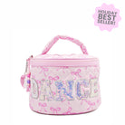 Pink 'DANCE' train case with a pink bow pattern