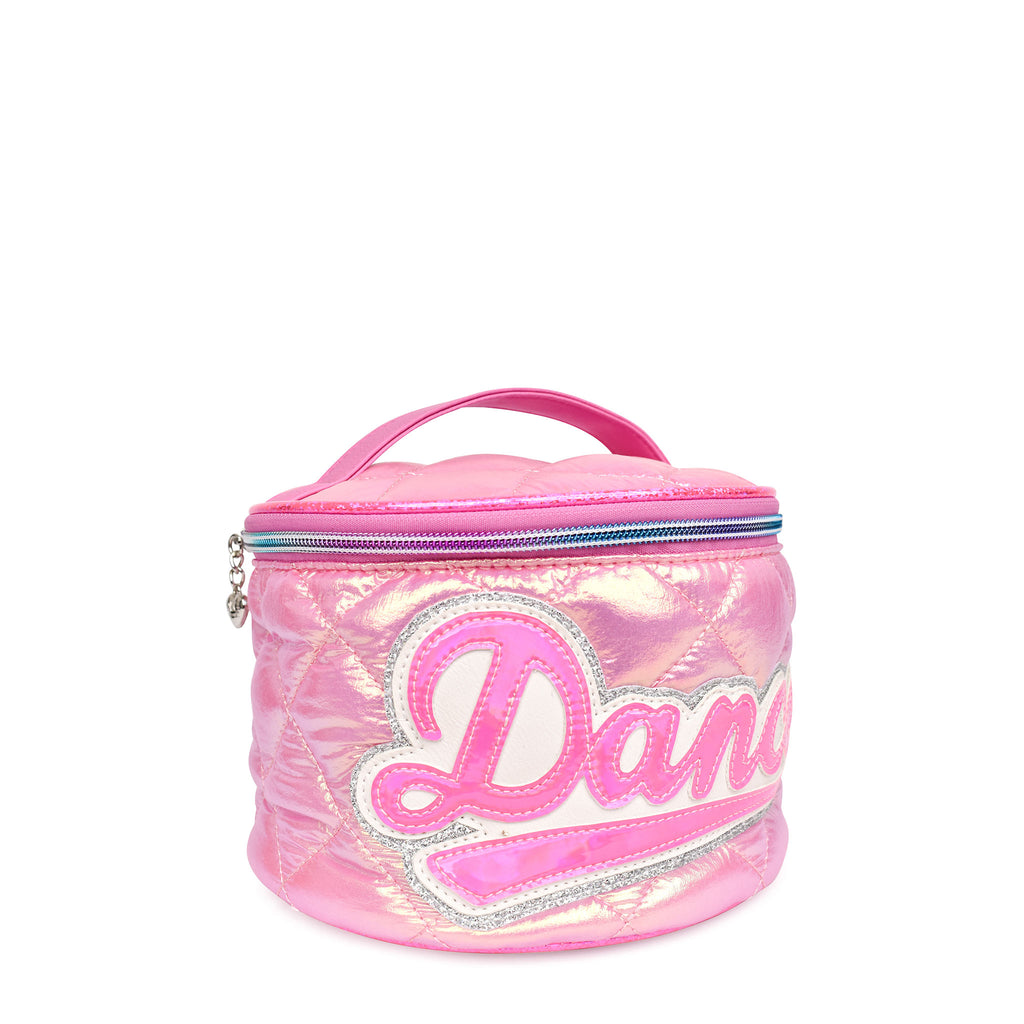 Side view of pink puffer metallic 'Dance' glam bag