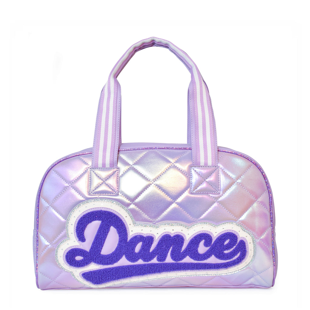 Front view of quilted metallic medium lavender duffle with retro-style 'Dance' patch