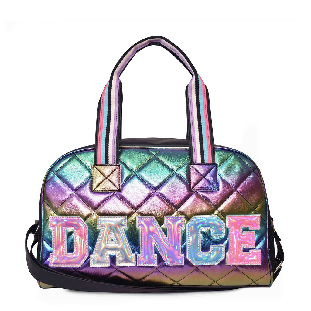 Front view of black quilted iridescent medium 'Dance' duffle with reflective varsity-letter patches