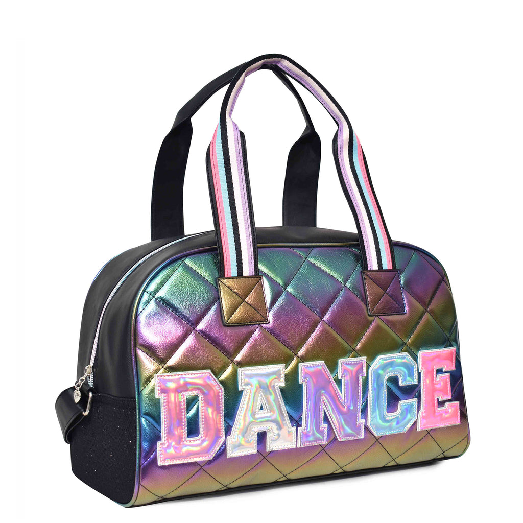 Side view of black quilted iridescent medium 'Dance' duffle with reflective varsity-letter patches