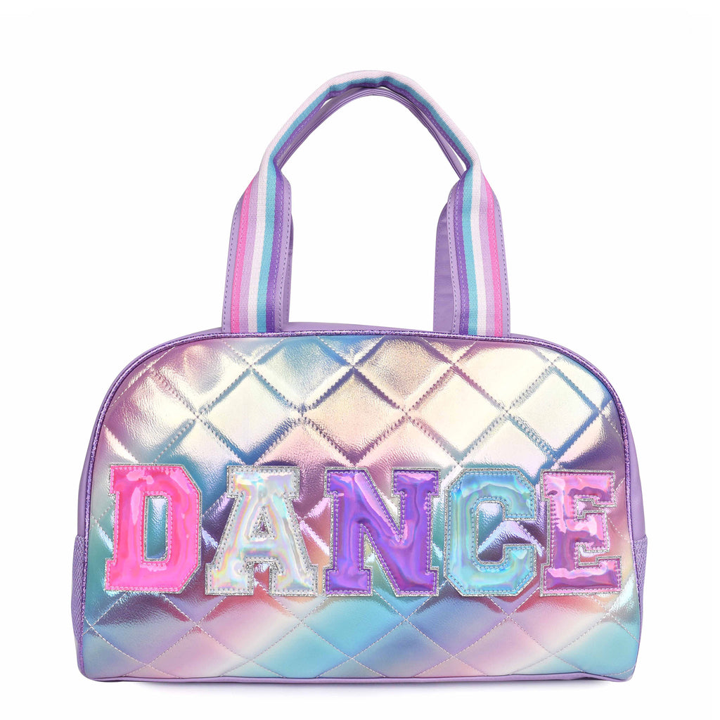 Front view of metallic ombre quilted medium 'Dance' duffle bag with reflective varsity-letter patches