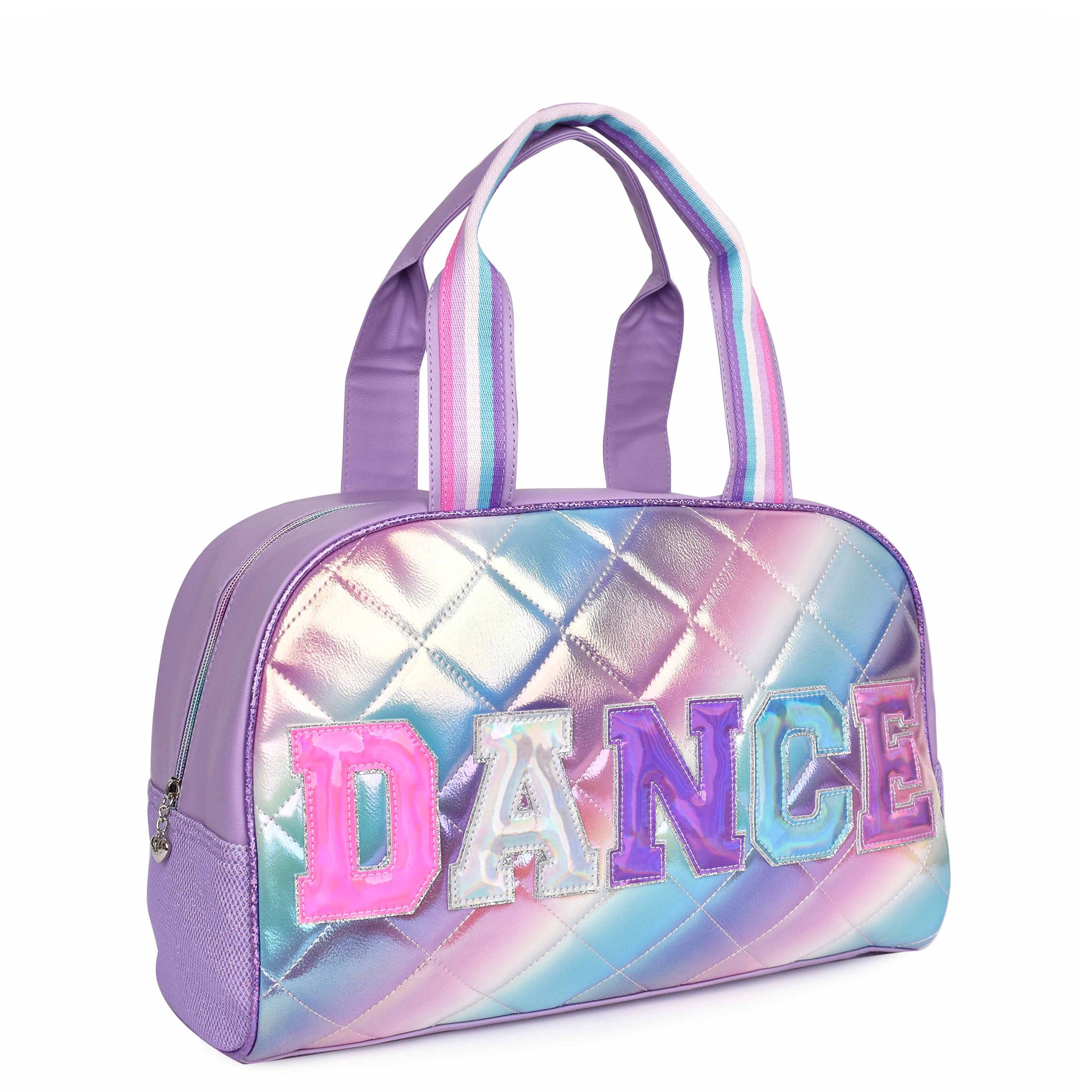Side view of metallic ombre quilted medium 'Dance' duffle bag with reflective varsity-letter patches