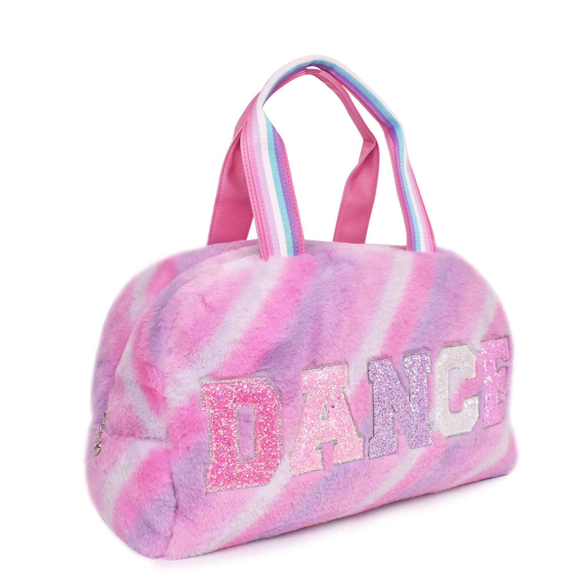 Side view of a pink ombre striped plush medium duffle bag with glitter varsity letters 'DANCE'
