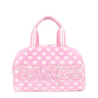 Front view of a pink heart-printed plush medium duffle bag with glitter varsity letter 'DANCE' applique