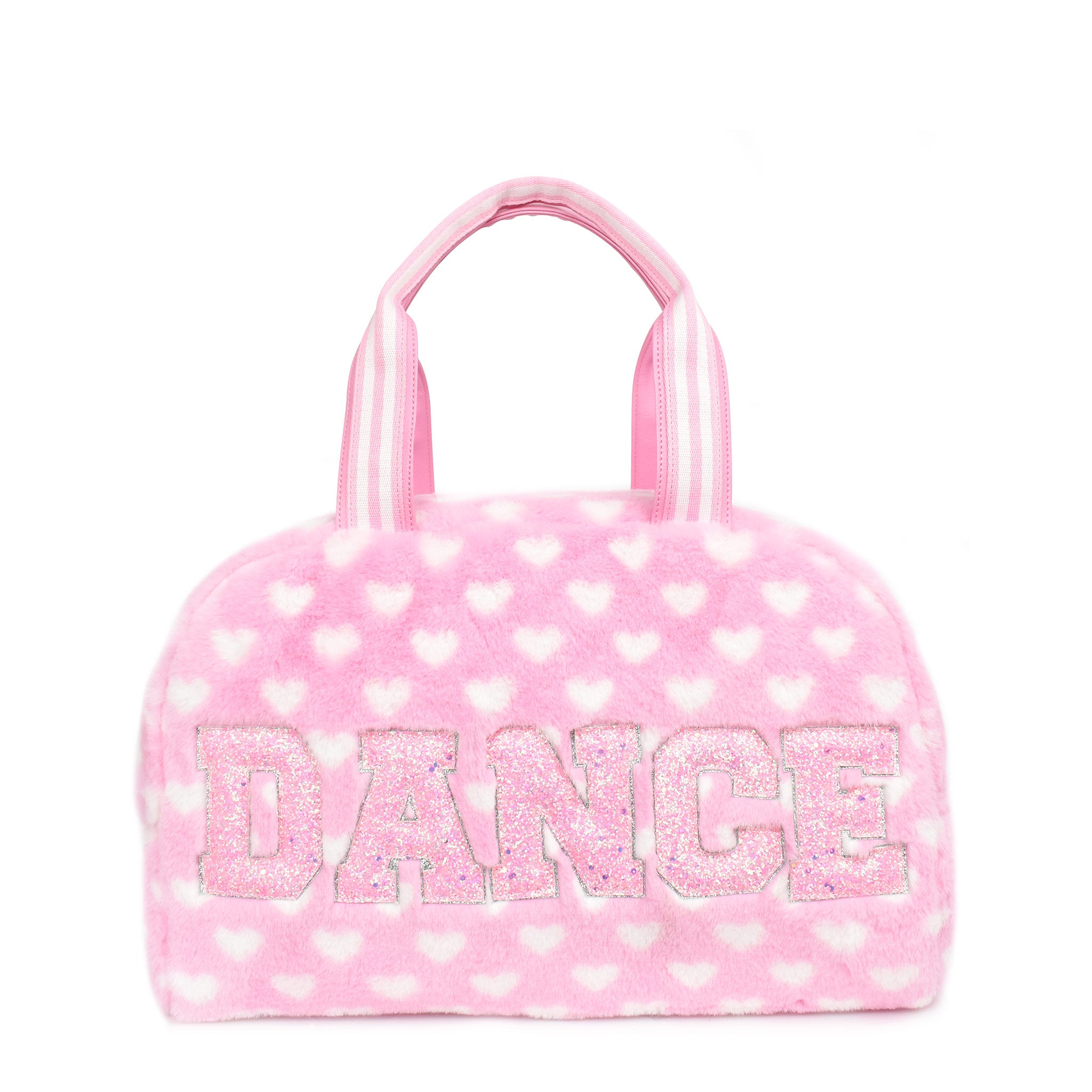 Front view of a pink heart-printed plush medium duffle bag with glitter varsity letter 'DANCE' applique