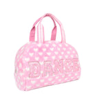 Side view of a pink heart-printed plush medium duffle bag with glitter varsity letter 'DANCE' applique