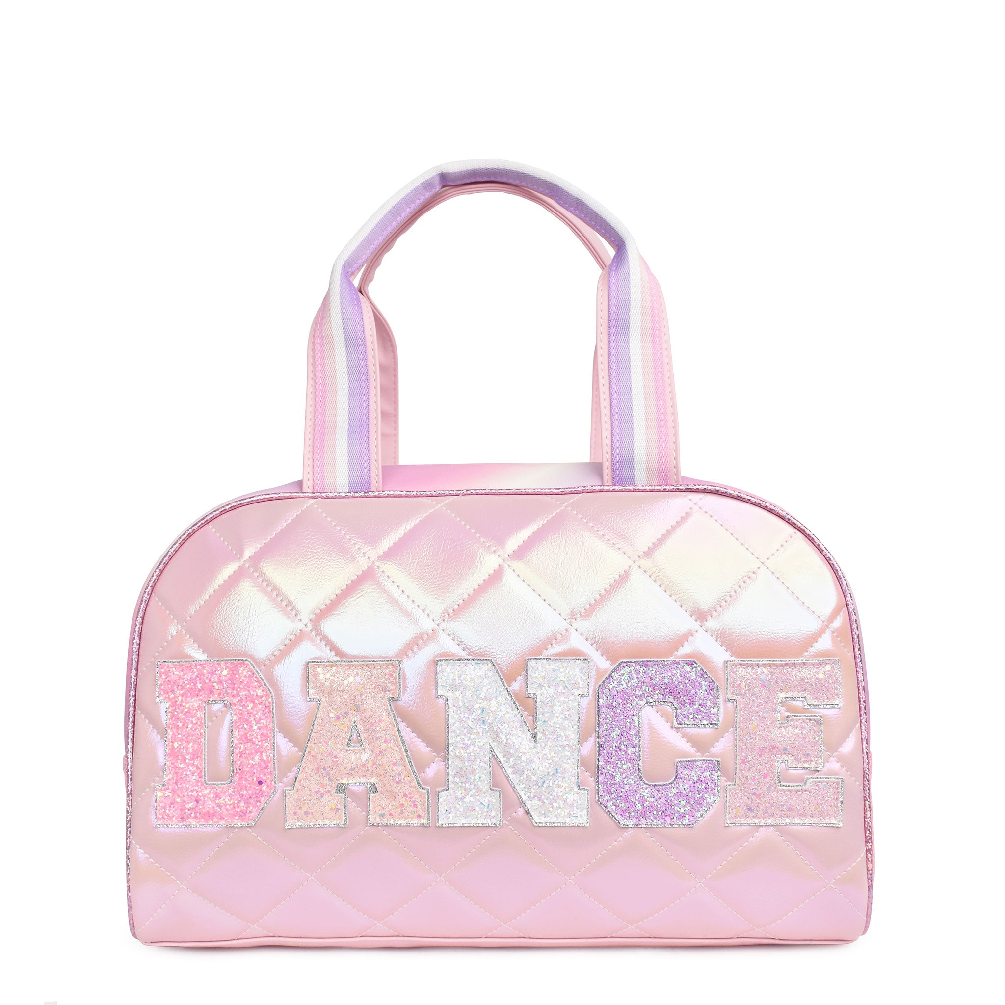 Front view of a metallic quilted medium duffle bag with glitter varsity letters appliqué.