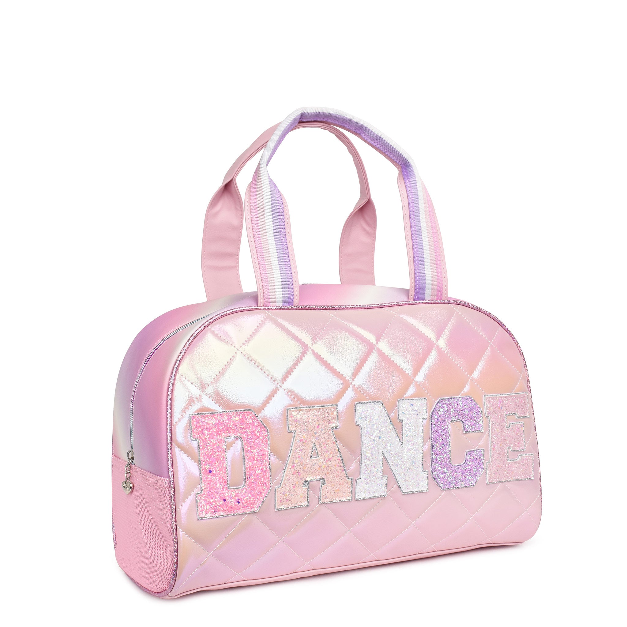 Side view of a metallic quilted medium duffle bag with glitter varsity letters appliqué.