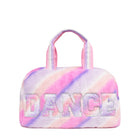 Front view of an ombre plush duffle bag with glitter varsity lettering 'Dance'