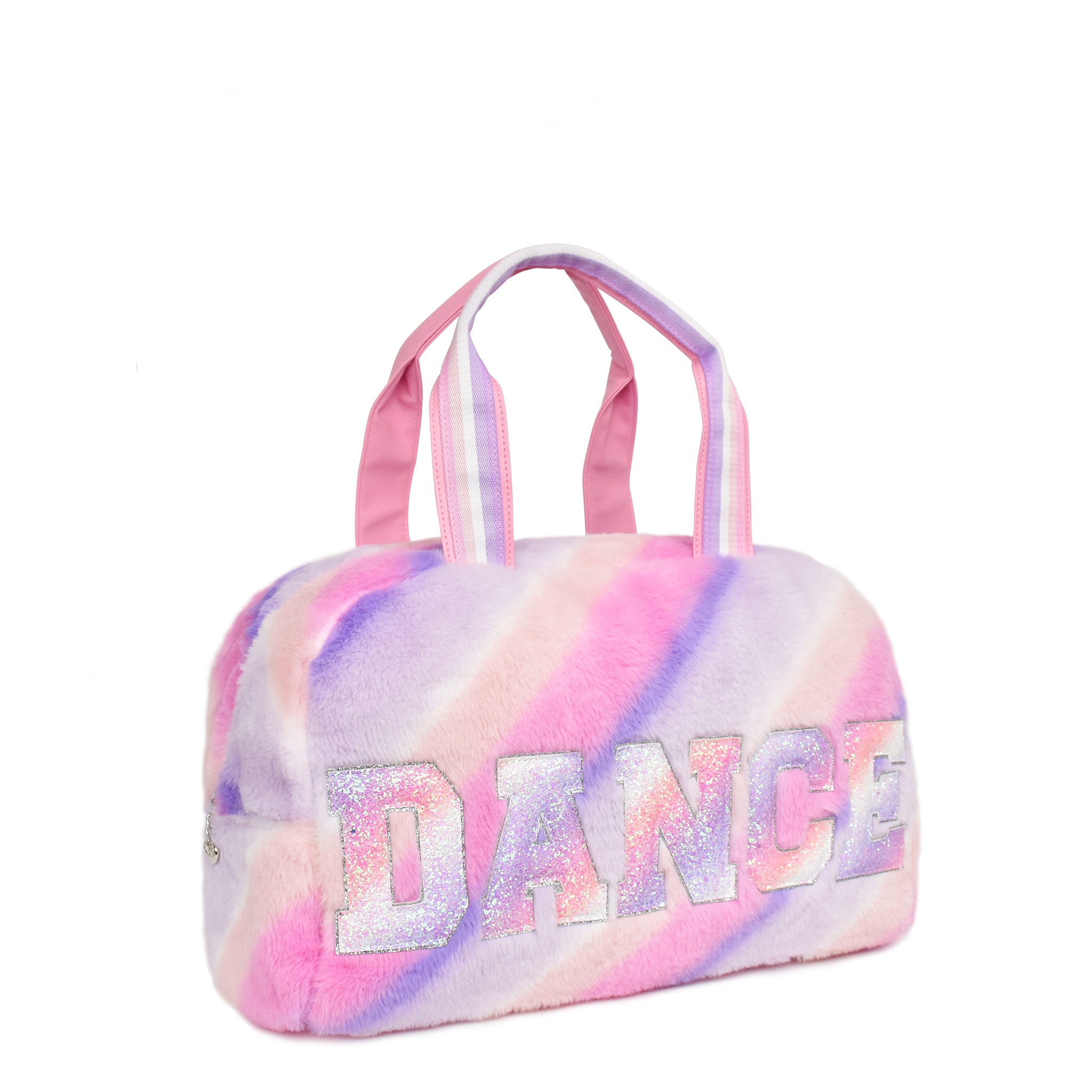 Side  view of an ombre plush duffle bag with glitter varsity lettering 'Dance'
