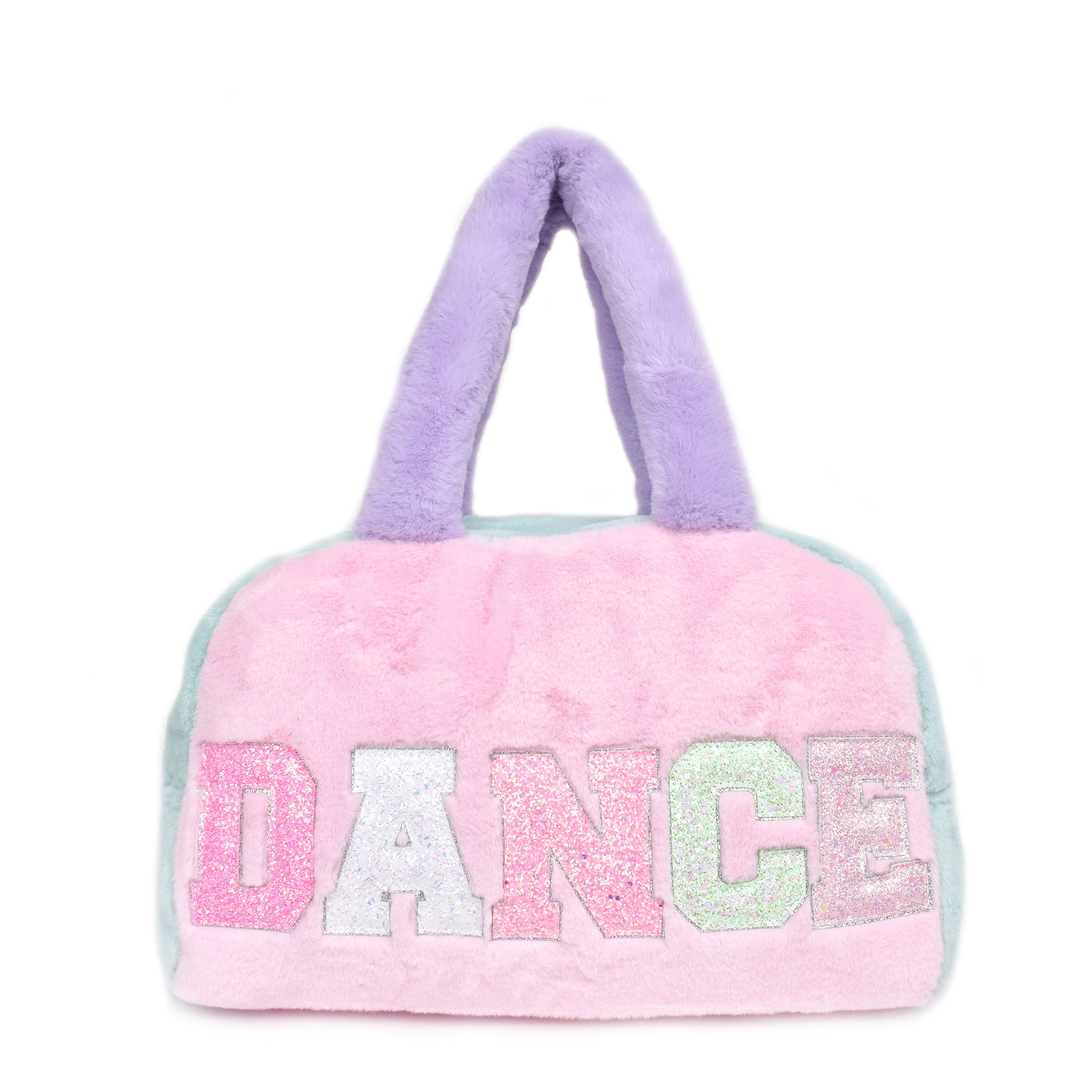 Front  view of a colorblocked plush medium duffle bag with glitter varsity lettering 'dance'