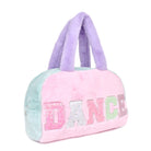 Side view of a colorblocked plush medium duffle bag with glitter varsity lettering 'dance'