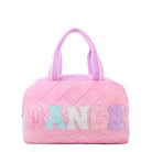 Pink quilted medium sized duffle bag with 'DANCE' glitter varsity letters