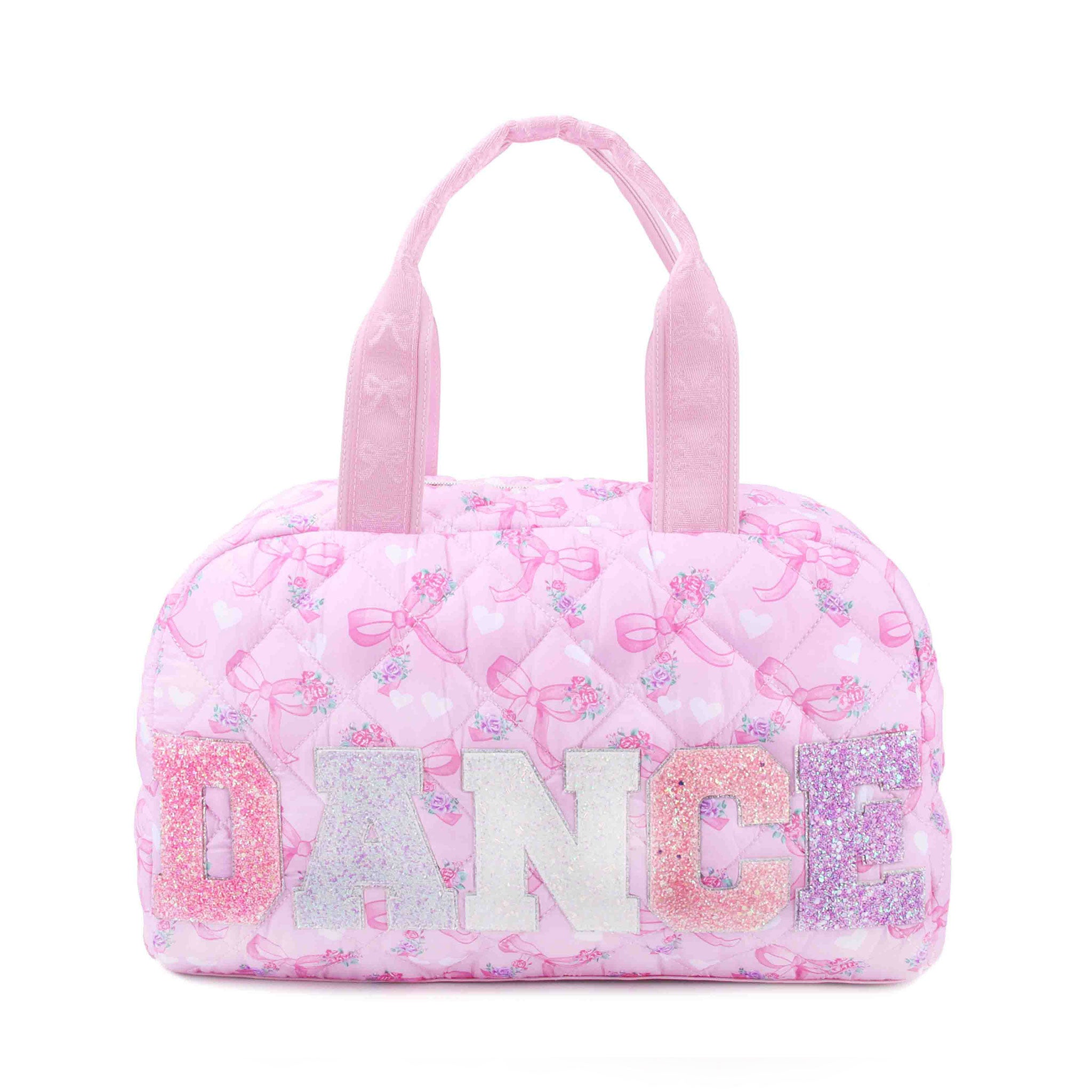 Quilted Pink Duffle Bag with a Floral Bow Print and 'DANCE' Glitter Varsity letter appliques